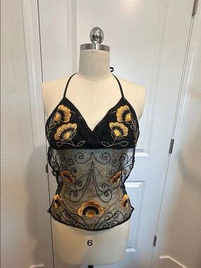 Sheer Black beaded Halter Top with Gold Floral Accents fairy boho festival